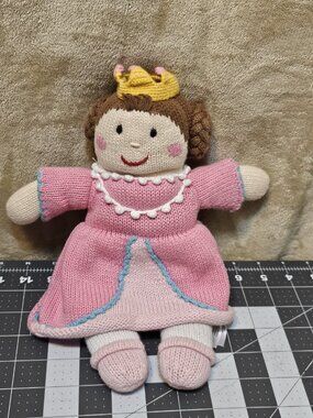 Zubels Plush Knit Pink Princess Queen First Doll  Crown Pearls Soft Stuffed Baby